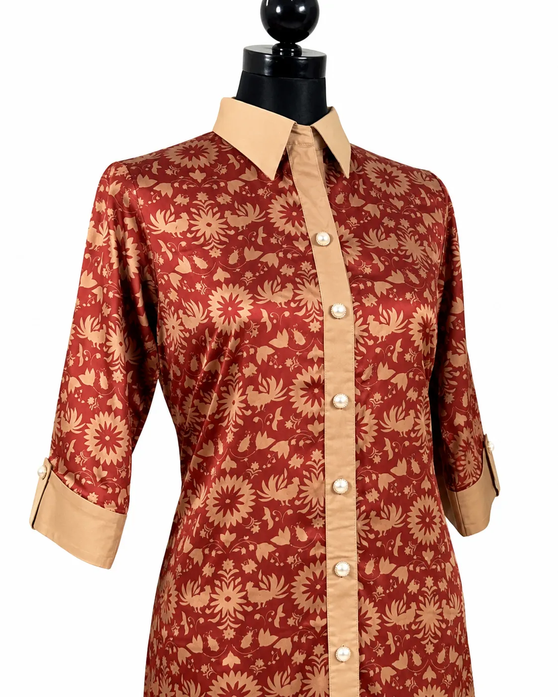 Maroon Printed Long Shirt with Contrast Placket